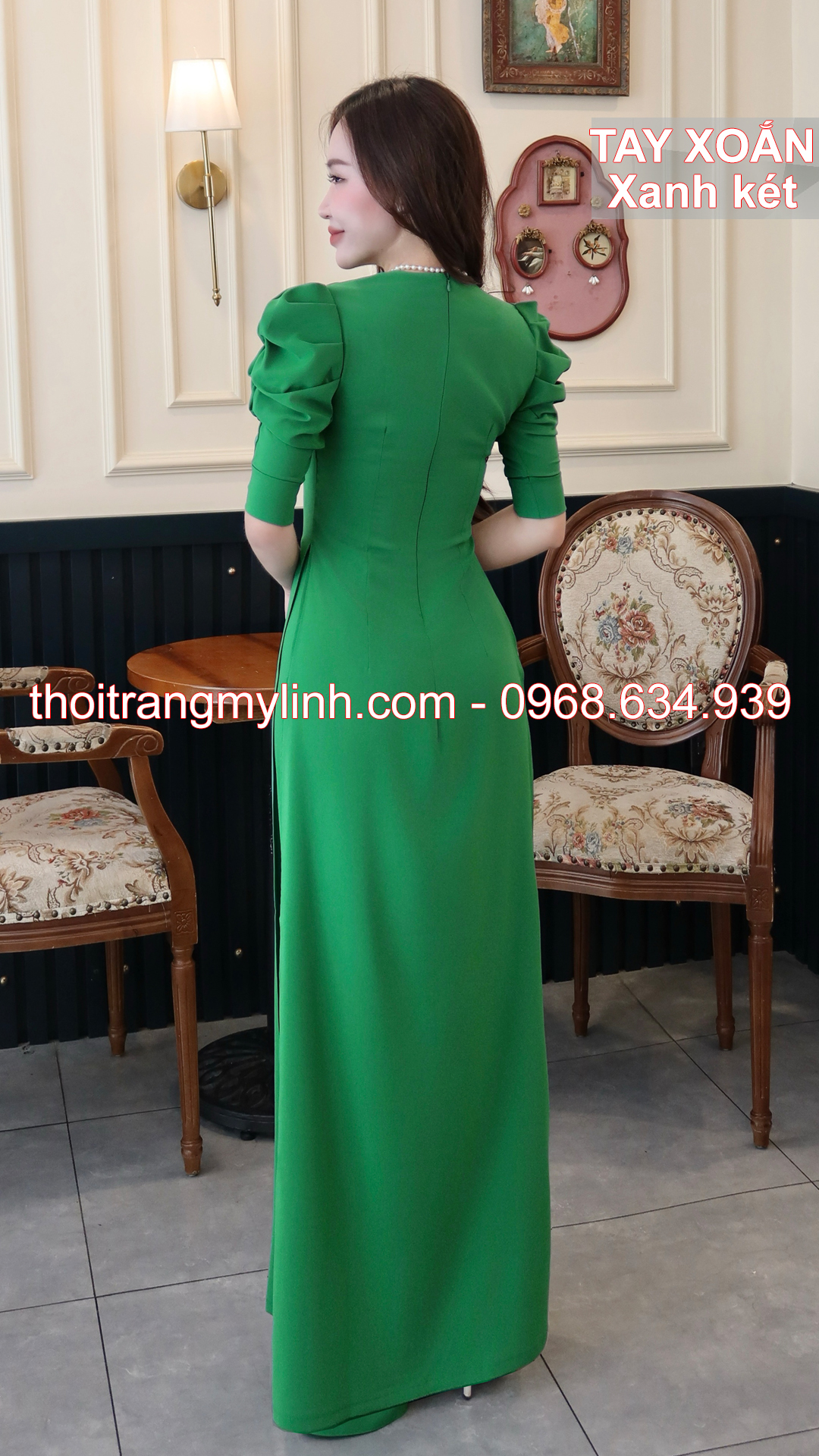 Bộ áo dài cổ nữ hoàng tay xoắn xanh két